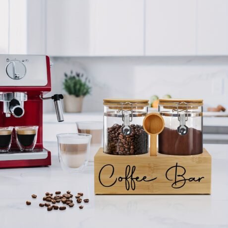 2x48oz Airtight Glass Coffee Canister Set - Sturdy Coffee Storage Container with Shelf, Lids, and Scoop for Fresh Ground Coffee Beans - Kitchen Food Storage Jars with Easy Access and Visibility